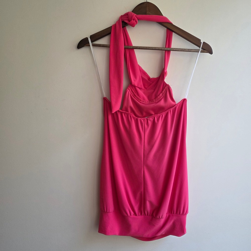 Charlotte Russe Hot Pink Beaded Halter Top Y2K Party Blouse Micro Mini Medium - Picture 2 of 8